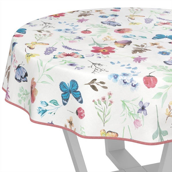Runde Tischdecke mit Blumenmuster und Schmetterlingen