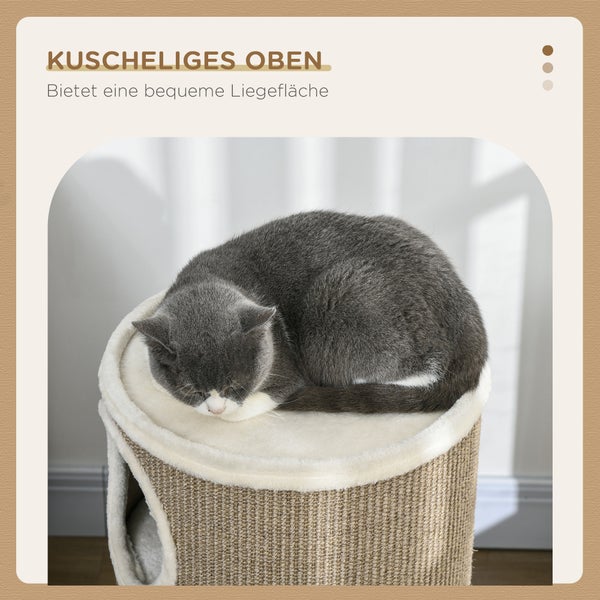 PawHut Kratztonne, Höhe 70 cm, Spieltonne für Katzen, 3 Ebenen, Katzenkratzbaum mit 3 Höhlen, Katzenbaum, Kratzturm aus Sisal, Katzenmöbel, Plüsch, Braun