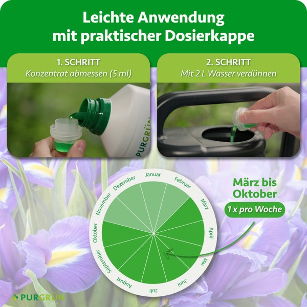 Anwendungshinweise für Purgrün Dünger mit Dosierkappe: Konzentrat abmessen, in Wasser verdünnen und Anwendungszeitraum von März bis Oktober.