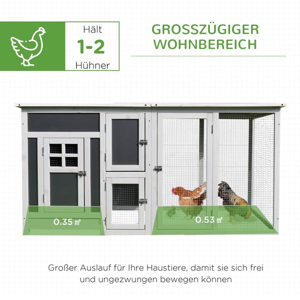PawHut Hühnerstall Hühnerhaus Geeignet für 1-2 Hühner, mit Nistkasten Eierkiste mit 2 Fächern, Tanne, Grau+Weiß, 160 x 75 x 80 cm