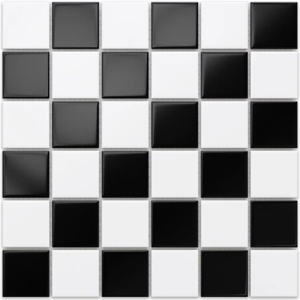 Mosaikfliese mit schwarz-weißem Schachbrettmuster.