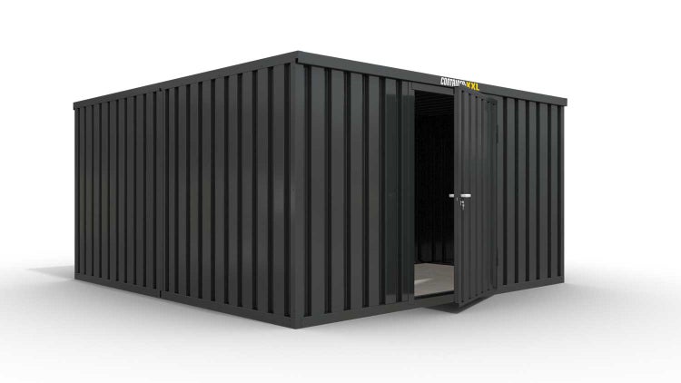 Lagercontainer Gerätehaus XL2  – 21 qm, H2150 x B5080 x T4340 mm, Außenwandlackierung anthrazit, Dach außen verzinkt, mit Holzfußboden, 1270 mm Einflügeltür mittig in Breitseite, montiert