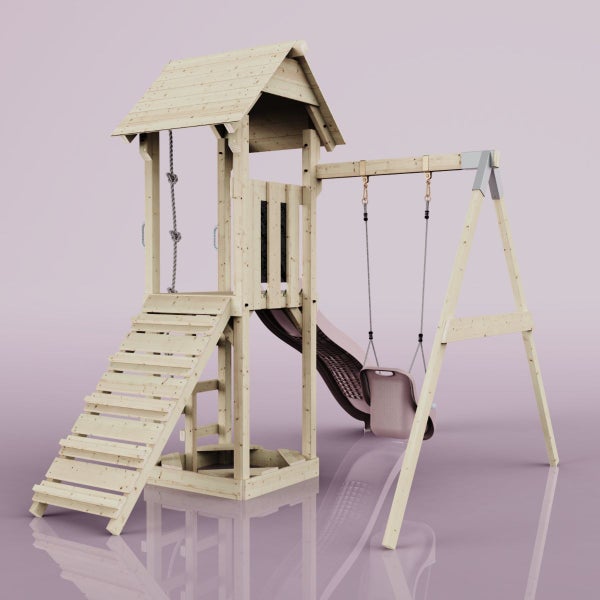 Spielturm aus Holz mit Rutsche und Schaukel