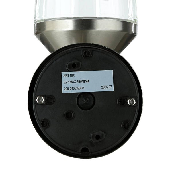 Detailansicht einer Außenleuchte mit Informationen zu E27, maximal 35 Watt und IP44