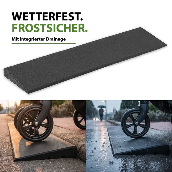 Wetterfeste und frostsichere Gummirampe mit integrierter Drainage für barrierefreie Übergänge an Bordsteinkanten und Stufen.