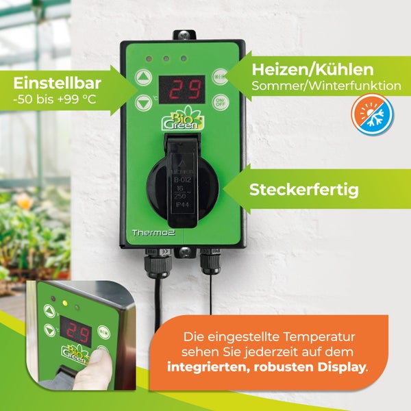 Bio Green Thermo2 Digitalthermostat mit Display, Steckdose und Tasten für Heiz- und Kühlfunktion von minus 50 bis plus 99 Grad Celsius.