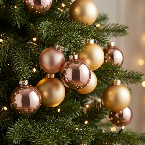 Weihnachtsbaum mit hängendem Christbaumschmuck in matten und glänzenden Ausführungen an grünen Tannenzweigen mit Lichterkette.
