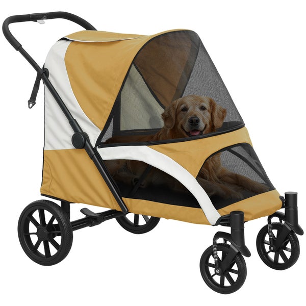 PawHut Hundewagen Hundebuggy klappbar für große Hunde & Katzen bis 30 kg Katzenbuggy mit Kissen Netzfenstern Türen Aufbewahrungstasche Katzenwagen mit Sicherheitsleinen, Bremsen, Buggy Braun