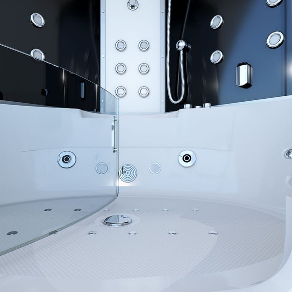 Moderne Whirlpool-Badewanne und Dusche mit zahlreichen Massagedüsen, Glaselementen und einer Handbrause.