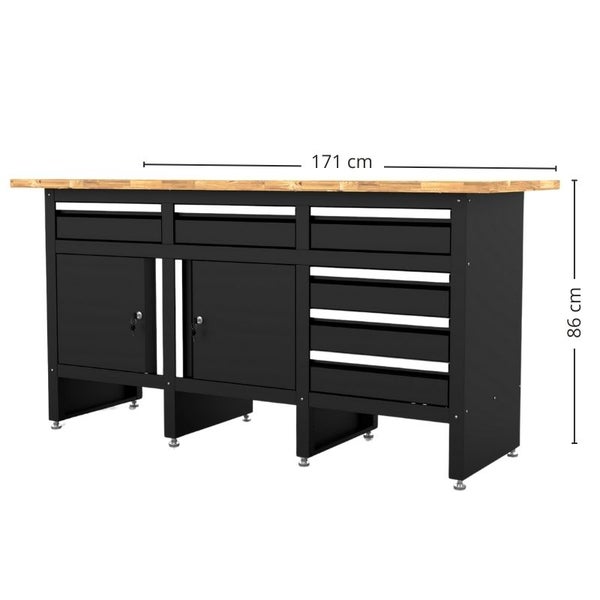 Werkbank mit Schubladen, Türen und Holzplatte, 171 cm breit und 86 cm hoch