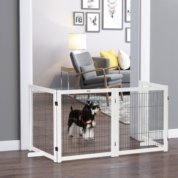 PawHut Türschutzgitter Holz Absperrgitter für Hunde Schutzgitter Hundegitter Sicherheitstür Bidirektionales Falten Stahl Weiß 305 x 35,5 x 82 cm