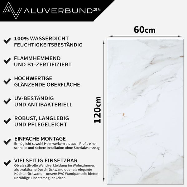 Aluverbund24 Logo, PVC Wandpaneel mit Marmor Optik, 60 mal 120 Zentimeter, wasserdicht, feuchtigkeitsbeständig, flammhemmend und B1-zertifiziert, hochwertige glänzende Oberfläche, UV-beständig und antibakteriell, robust, langlebig und pflegeleicht, einfache Montage, vielseitig einsetzbar
