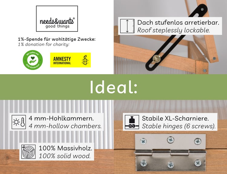 needs&wants® Frühbeet Aufsatz klein aus Holz Bausatz, Frühbeetkasten mit Abdeckung Gewächshaus mit Deckel wetterfest für Garten Balkon Outdoor, Polycarbonat, braun