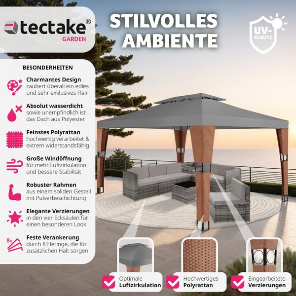 Rattan Gartenpavillon tectake Mona inklusive Heringen 4 x 3 m braun/anthrazit
