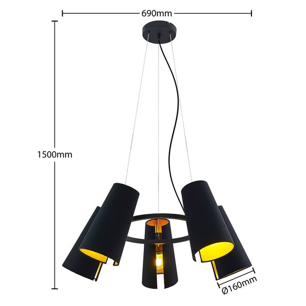 Schwarze Hängeleuchte mit fünf Lampenschirmen und Abmessungen