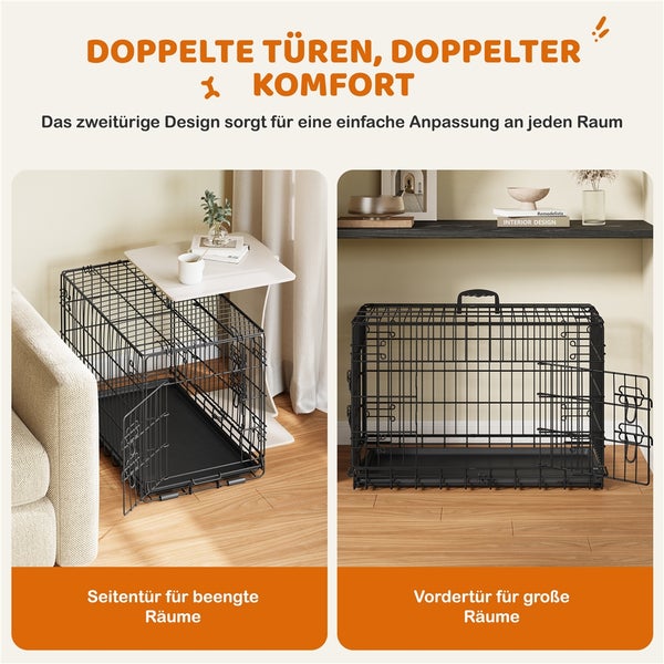 Doppeltürige Hundebox mit Seitentür und Vordertür für verschiedene Raumgrößen.