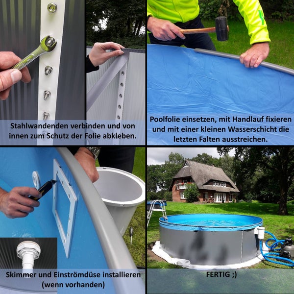 Montage eines Stahlwandpools in verschiedenen Schritten