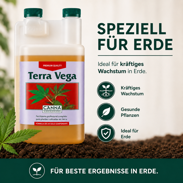 Canna Terra Vega Pflanzenduenger in der Flasche fuer kraeftiges Wachstum in Erde, ideal fuer die Wachstumsphase von Pflanzen.