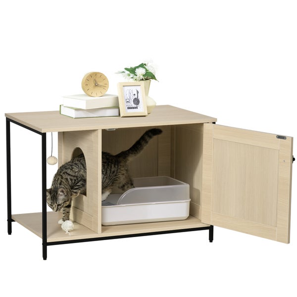 PawHut Katzenschrank für Katzentoilette, Katzenhaus mit magnetischer Tür, Katzenklo, Katzenhöhle mit Spielball, Beistelltisch, erhöhtes Design, Eiche, 80 x 48 x 55 cm