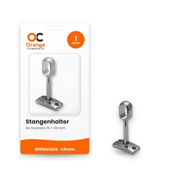 Orange Commerce Stangenhalter für Ovalrohr 15 mal 30 Millimeter in Chrom, Mittelstück zur Deckenmontage