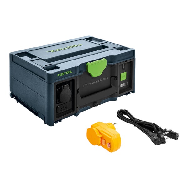 Festool SYS Power Station im Systainer mit gelbem Adapter und schwarzem Netzkabel.