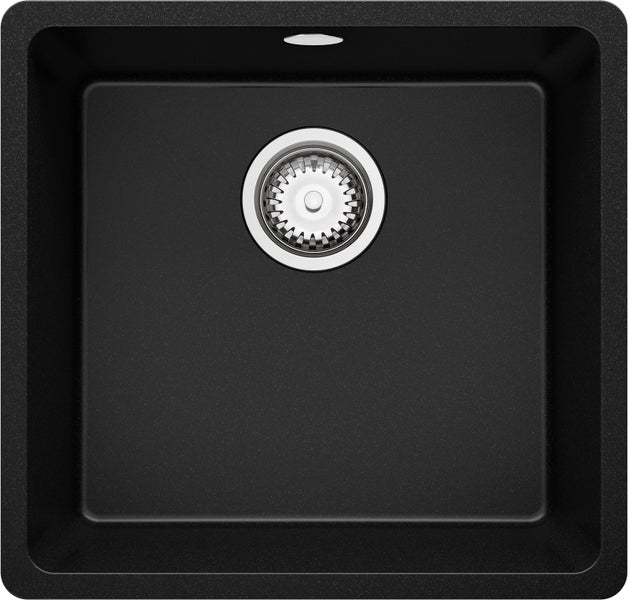 PRIMAGRAN Spülbecken Schwarz 46x44cm, Granitspüle 1 Becken + Ablauf-Set, Küchenspüle ab 50er Unterschrank - Venedig Slim Easy