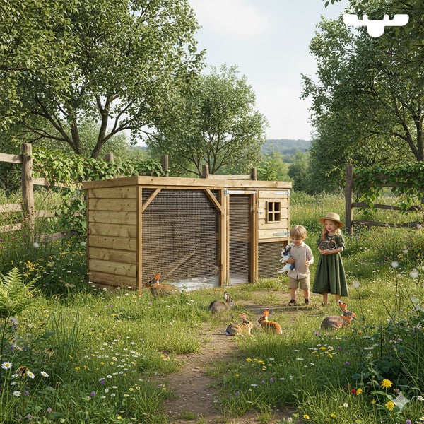 Einrichtung mit Holzhasenstall, Kindern und Hasen im Garten