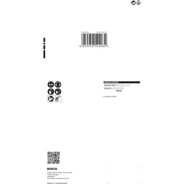 Informationen zu Bosch Schleifwerkzeugen: Sicherheitshinweise, Barcode, Leistungsvergleich und Herstellerinformationen.