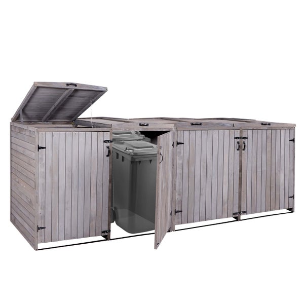 Mülltonnenbox für drei Mülltonnen, aus Holz, mit einer geöffneten Tür und einem geöffneten Deckel