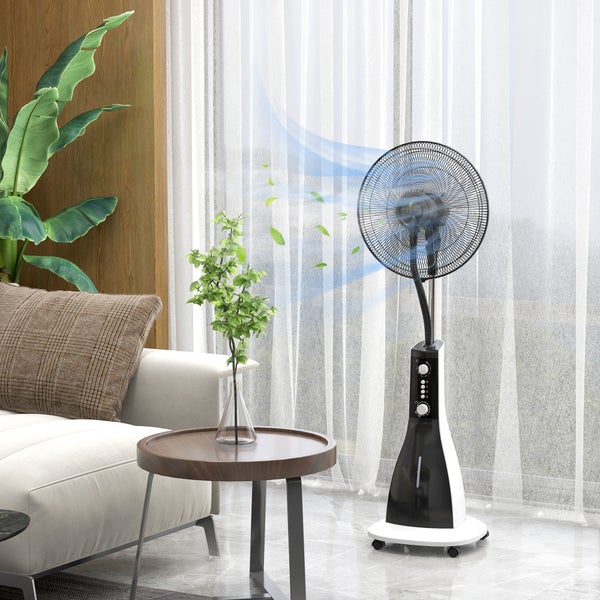 HOMCOM Standventilator mit Wasser, Ventilator mit Nebelfunktion, 3 Modi, Oszillierend 90W Standventilator mit Wasserkühlung, 3L Wassertank, Timer, Rollen, Schwarz