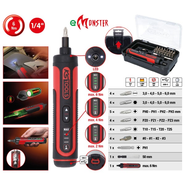 KS Tools e-Monster Akku-Schraubendreher Set mit Bits und LED-Leuchte
