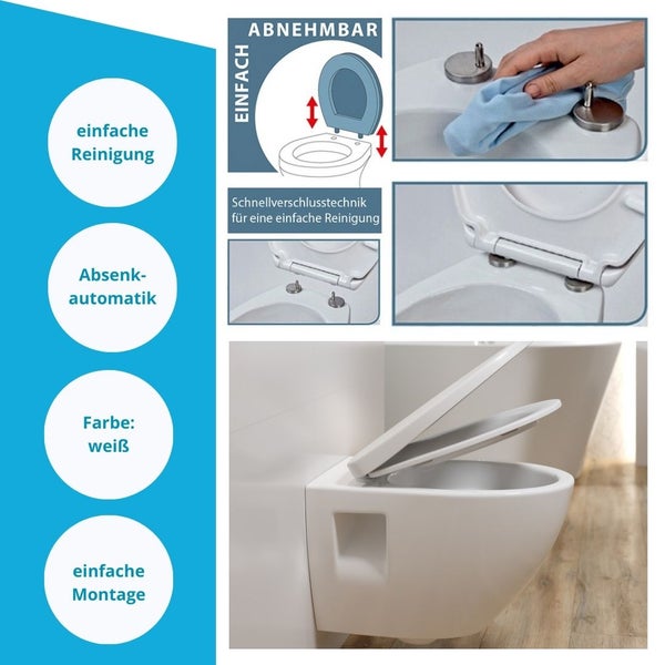 Wand-Tiefspülklosett mit Absenkautomatik und Schnellverschlusstechnik für einfache Reinigung und Montage