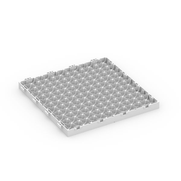 Weißes quadratisches Rasengitter aus Kunststoff zur Bodenstabilisierung mit Wabenstruktur.
