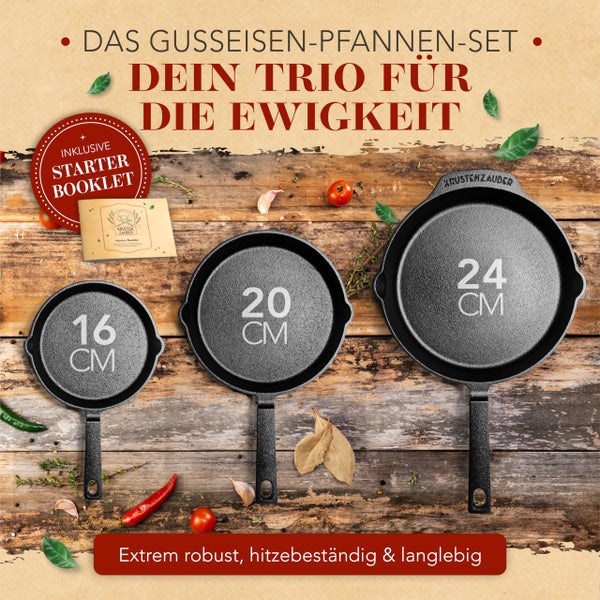 KRUSTENZAUBER 16+20+24cm Gusseisenpfannen Induktion - Voreingebrannte Gusseisen Pfannen - Ideale Grillpfanne Induktion, Eisenpfanne, Cast Iron Pan, Bratpfanne, Gusseiserne Pfanne Skillet Gusspfanne