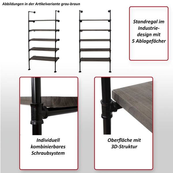 Standregal im Industriedesign mit fünf Ablagefächern und individuell kombinierbarem Schraubsystem