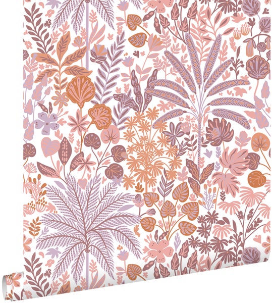 ESTAhome Tapete tropische Blätter und Blüten Violett, Terrakotta und Rosa - 0.53 x 10.05 m - 130944