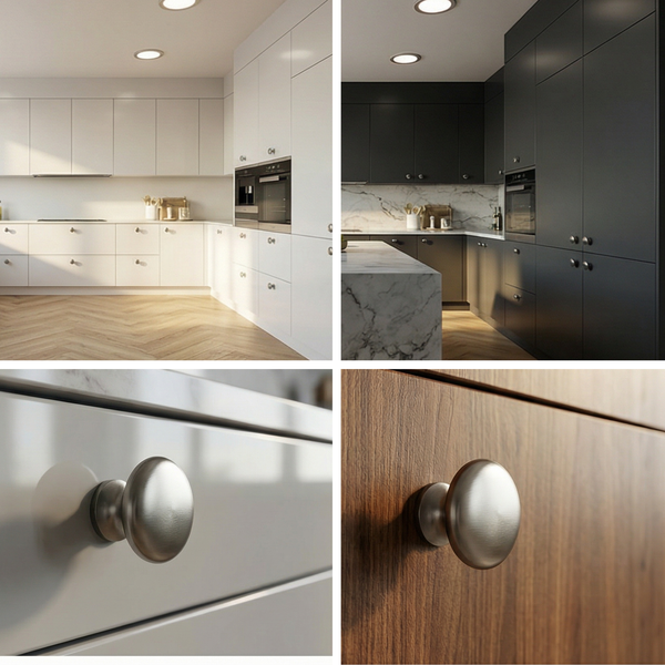 Collage mit modernen Küchen in Weiß und Dunkelgrau, inklusive Detailaufnahmen der Schrankknöpfe