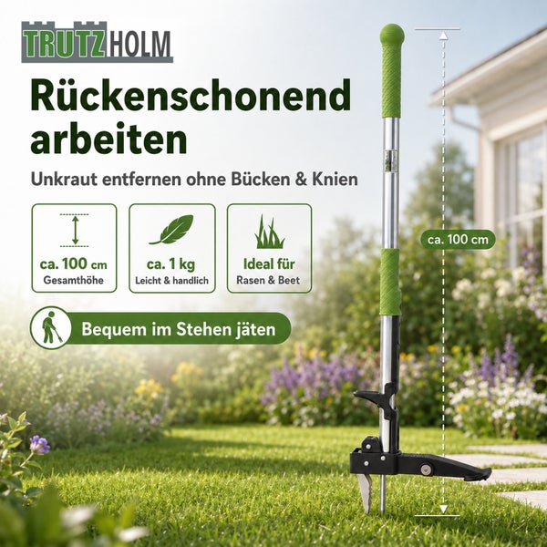 Trutzholm Unkrautstecher mit 100 Zentimeter Gesamthöhe für rückenfreundliches Arbeiten im Stehen in einem Garten.
