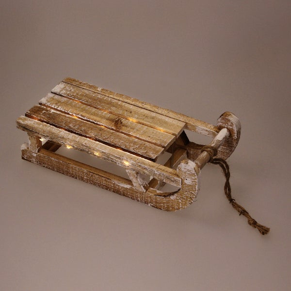 ECD Germany Deko Schlitten aus Holz mit 25 Warmweißen LEDs, 31,5x14,5x10,5 cm, Braun-Natur, Batterriebetrieben, Timer 6 Std., Schnur, Weihnachtsdeko Weihnachten Dekoration Dekoschlitten Holzschlitten