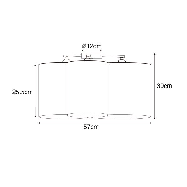 Maßzeichnung einer dreiflammigen Deckenleuchte: Breite 57 Zentimeter, Höhe 30 Zentimeter, Schirmhöhe 25,5 Zentimeter, Baldachin 12 Zentimeter Durchmesser.