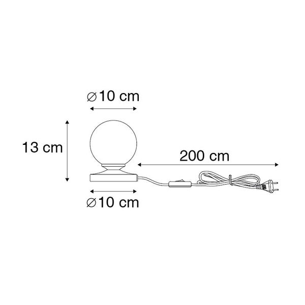 Technische Zeichnung einer Tischleuchte mit den Maßen 13 x 10 x 10 Zentimeter und einer Kabellänge von 200 Zentimeter.