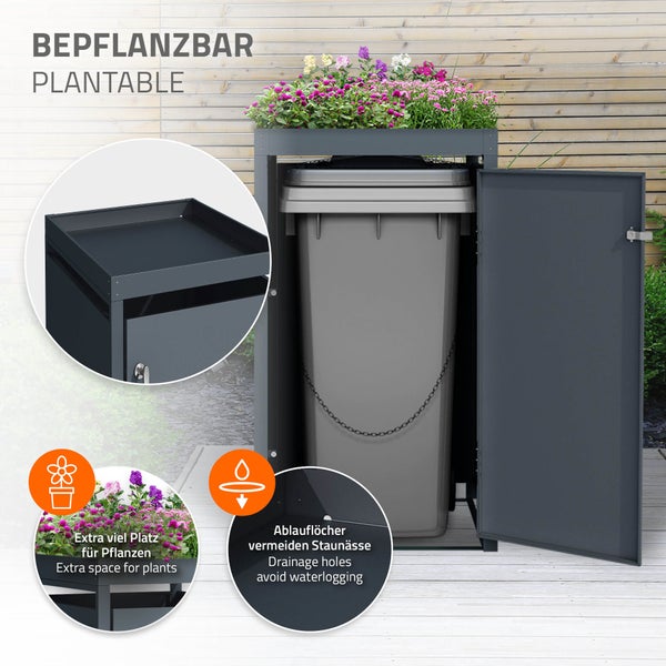 ML-Design Mülltonnenbox 1er mit Pflanzdach für 1 Mülltonne, 240L 68x80x124 cm, Anthrazit, Stahl, wetterfest, Abschließbare Mülltonnenverkleidung mit Tür, Müllbox Mülltonnecontainer Mülltonnenabdeckung