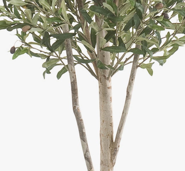 Künstlicher Olivenbaum in schwarzem Topf mit grünen Blättern und dunklen Oliven.