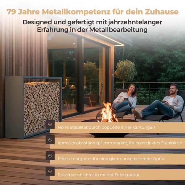 Stabiles Kaminholzregal aus verzinktem Metall auf einer Terrasse mit brennender Feuerschale und entspannten Personen im Hintergrund.