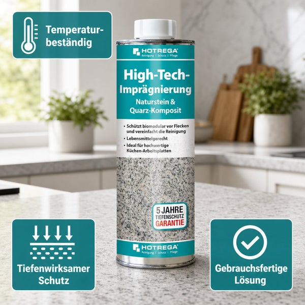 Hotrega High-Tech-Imprägnierung für Naturstein und Quarz-Komposit in der Flasche, ideal für Küchenarbeitsplatten mit Tiefenschutzgarantie.