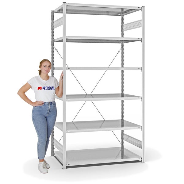 PROREGAL Fachbodenregal Stecksystem T-Profil Light-Duty Grundregal HxBxT 250 x 130 x 80 cm 6 Ebenen Fachlast 190 kg Einseitig Nutzbar Lichtgrau
