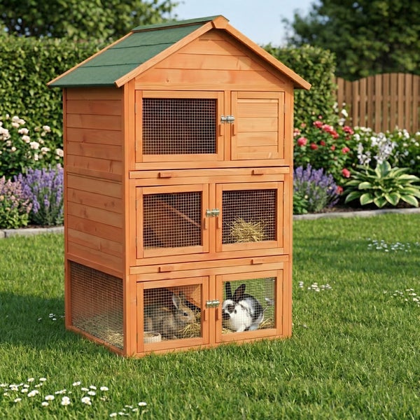 Dreistöckiger Kleintierstall aus Holz mit grünem Giebeldach, Maschendrahtfenstern und zwei Kaninchen auf einer Rasenfläche im Garten.