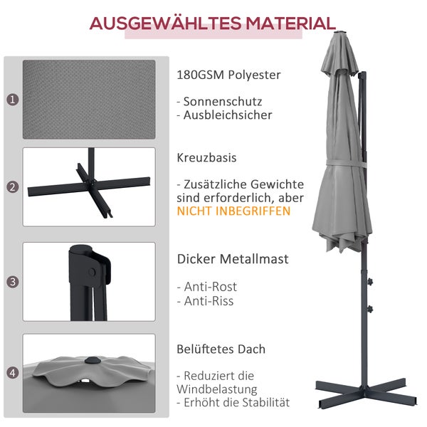 Outsunny Ampelschirm ca. Ø3 m Sonnenschirm mit Kurbel, Neigbarer Marktschirm, Drehbarer Gartenschirm für Balkon, Terrasse, Metall, Dunkelgrau