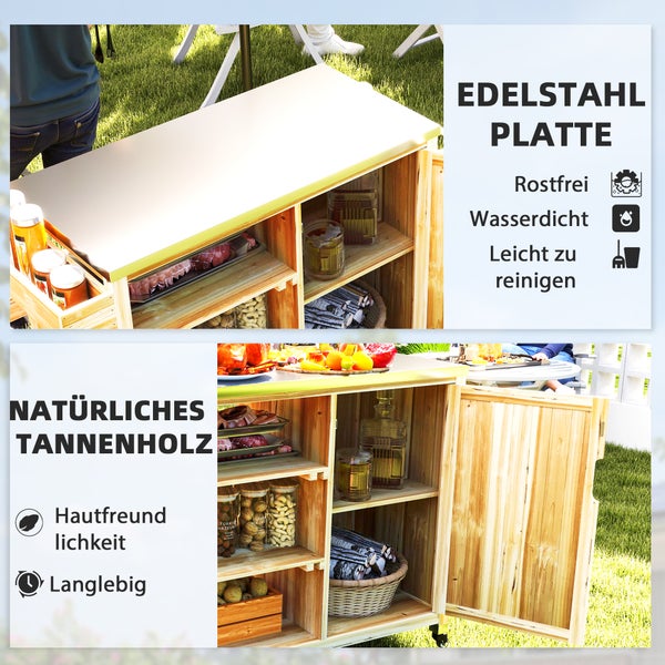 Gartenschrank aus Tannenholz mit Edelstahlplatte, rostfrei, wasserdicht, leicht zu reinigen, hautfreundlich und langlebig.