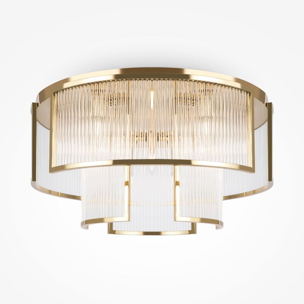 Deckenleuchte mit geriffelten Glasstäben und goldenen Akzenten